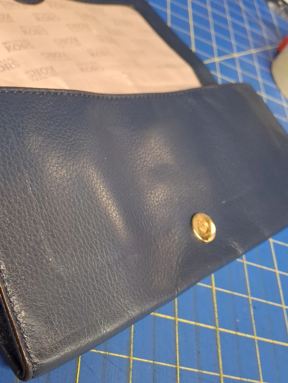 Michael Kors Navy Leather Buckle Clutch Gold Hardware 11x5x0.75 Preloved